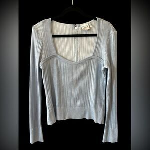 Herve Leger Metallic Ribbed Knit Long Sleeve Top XL – Silver Blue